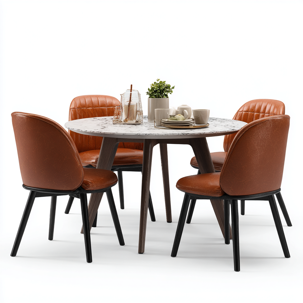 Tavolo e sedie - Marmo-Legno-Pelle sintetica - 120x120x75 cm - Bianco-Marrone-Nero - Stile moderno-Nestgetly