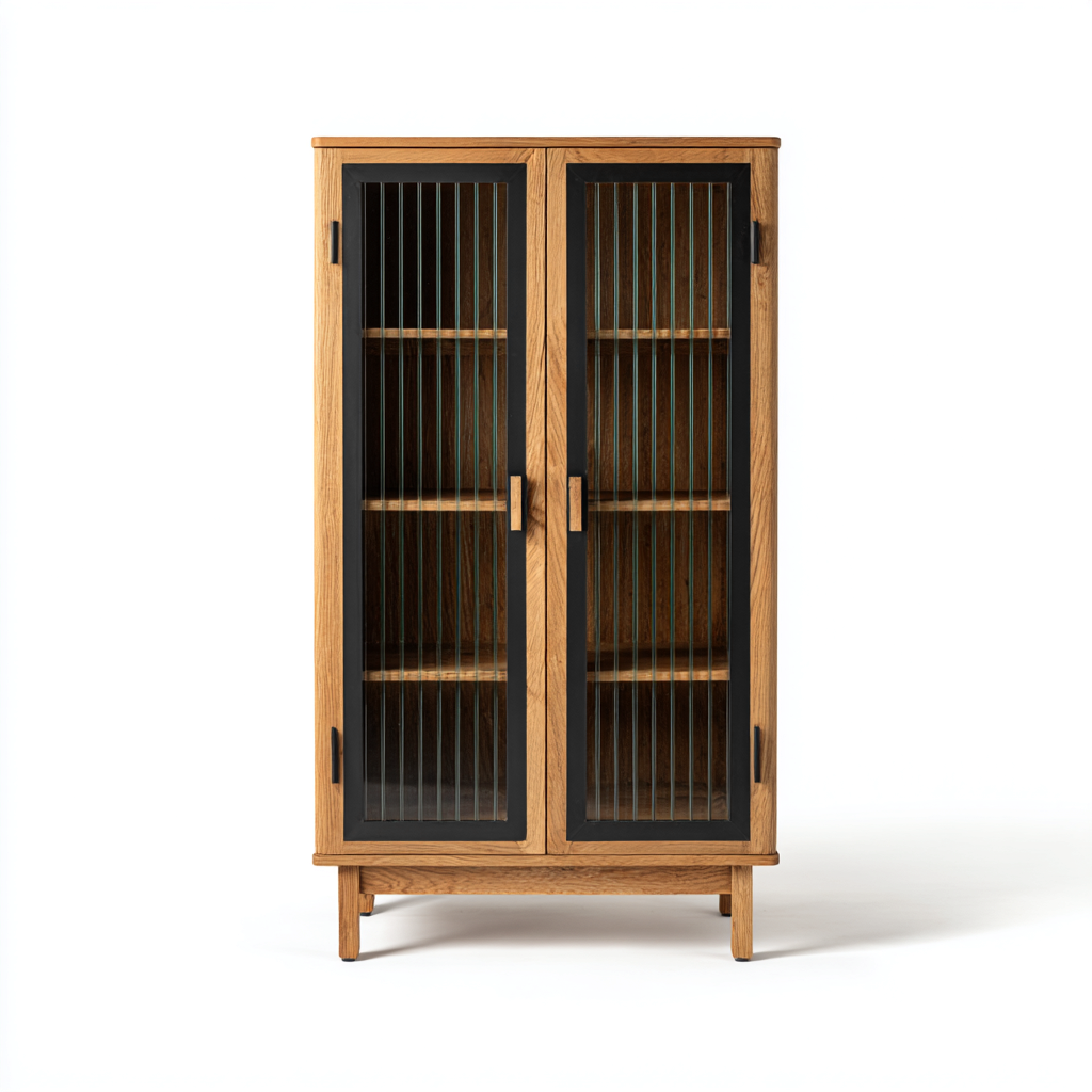 Vetrina - legno-vetro - 95x42x165 cm - rovere naturale-nero - stile moderno cucina-Nestgetly