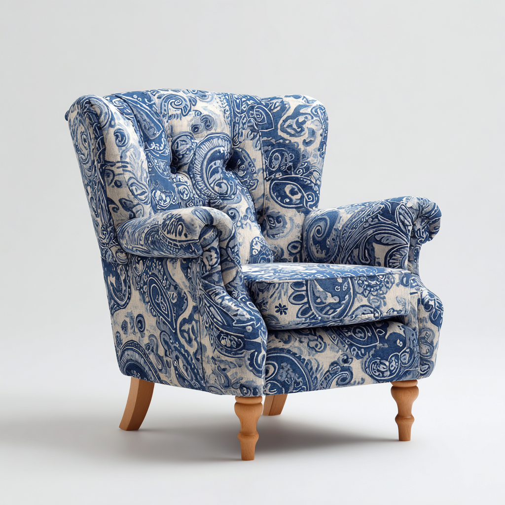 Poltrona-Tessuto-Legno-76x84x96 cm-Blu Bianco-Design classico-Nestgetly