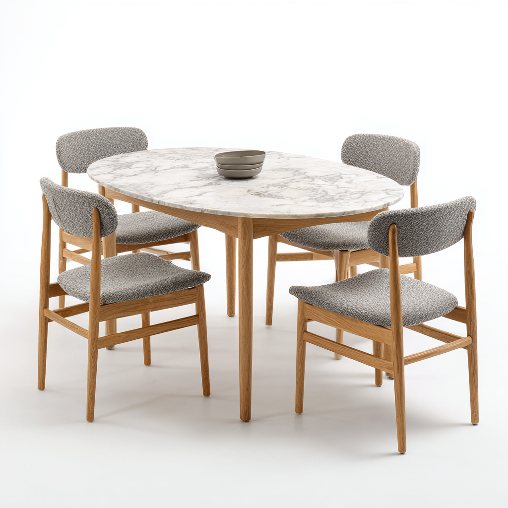 Tavolo e sedie - Marmo-Legno-Tessuto - 160x90x75 cm - Bianco-Grigio-Legno naturale - Design moderno-Nestgetly