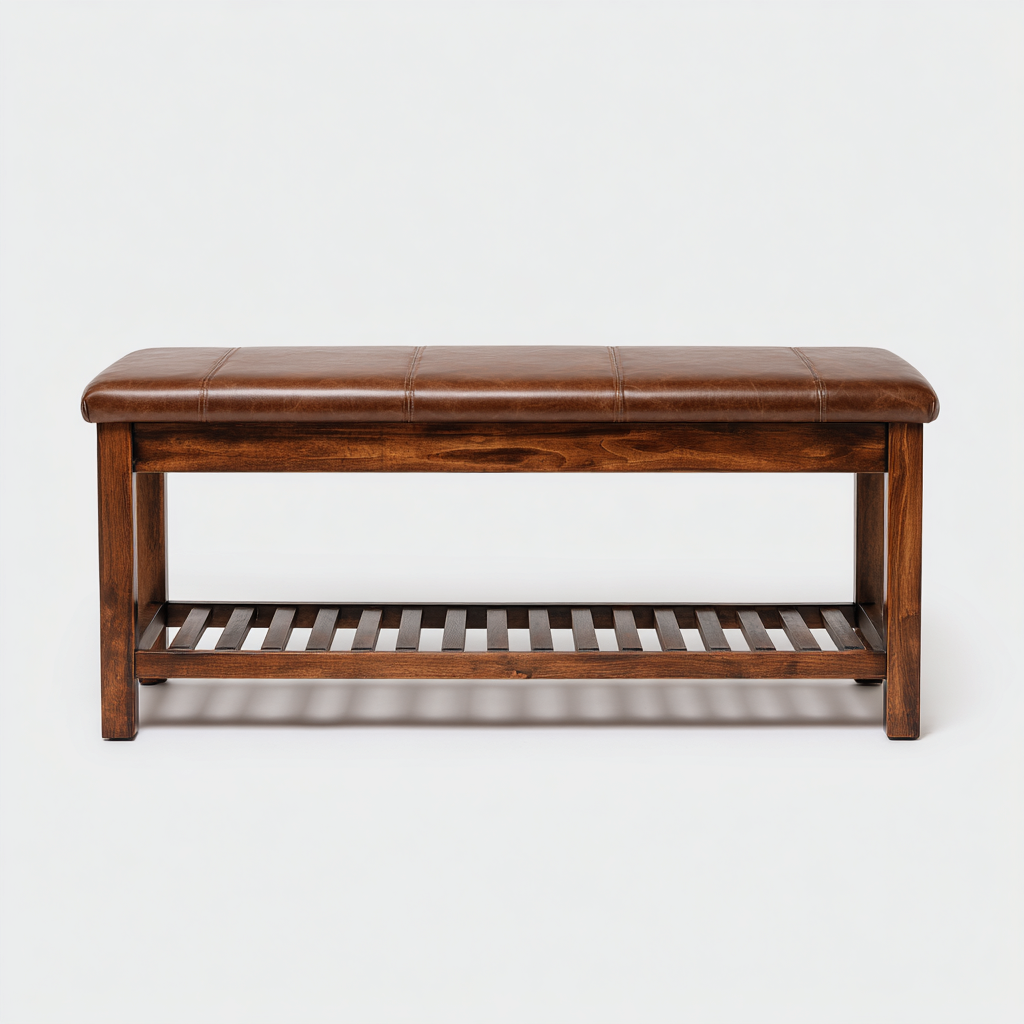 Panca da ingresso - pelle-legno - 115x40x47 cm - marrone scuro - stile rustico-Nestgetly