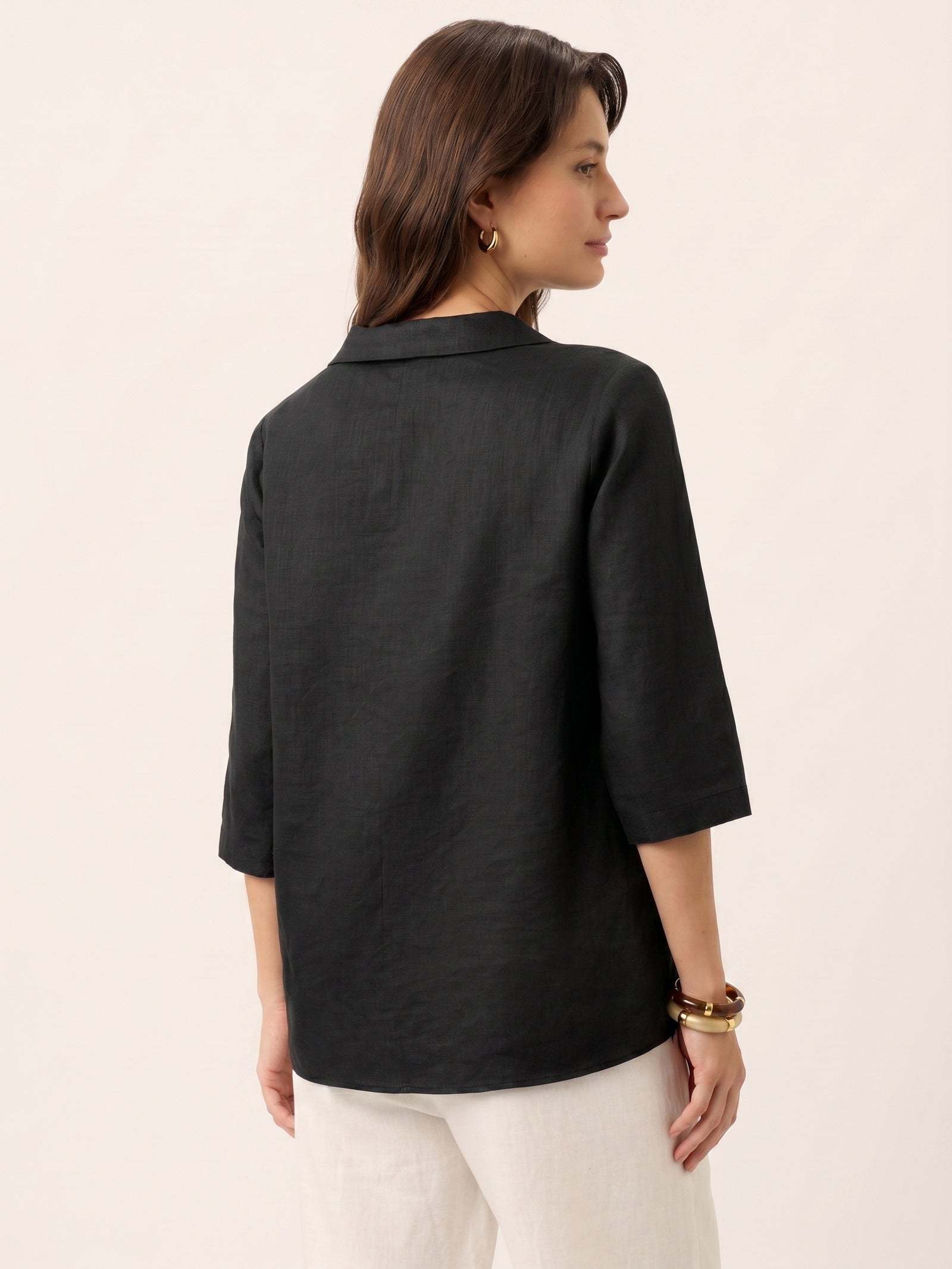 Women's 100% Linen Long-Sleeve Top with Asymmetric Neckline and Inverted Pleat