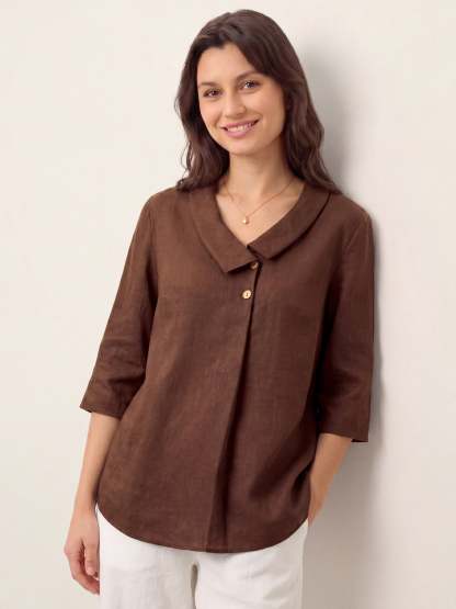 Women's 100% Linen Long-Sleeve Top with Asymmetric Neckline and Inverted Pleat