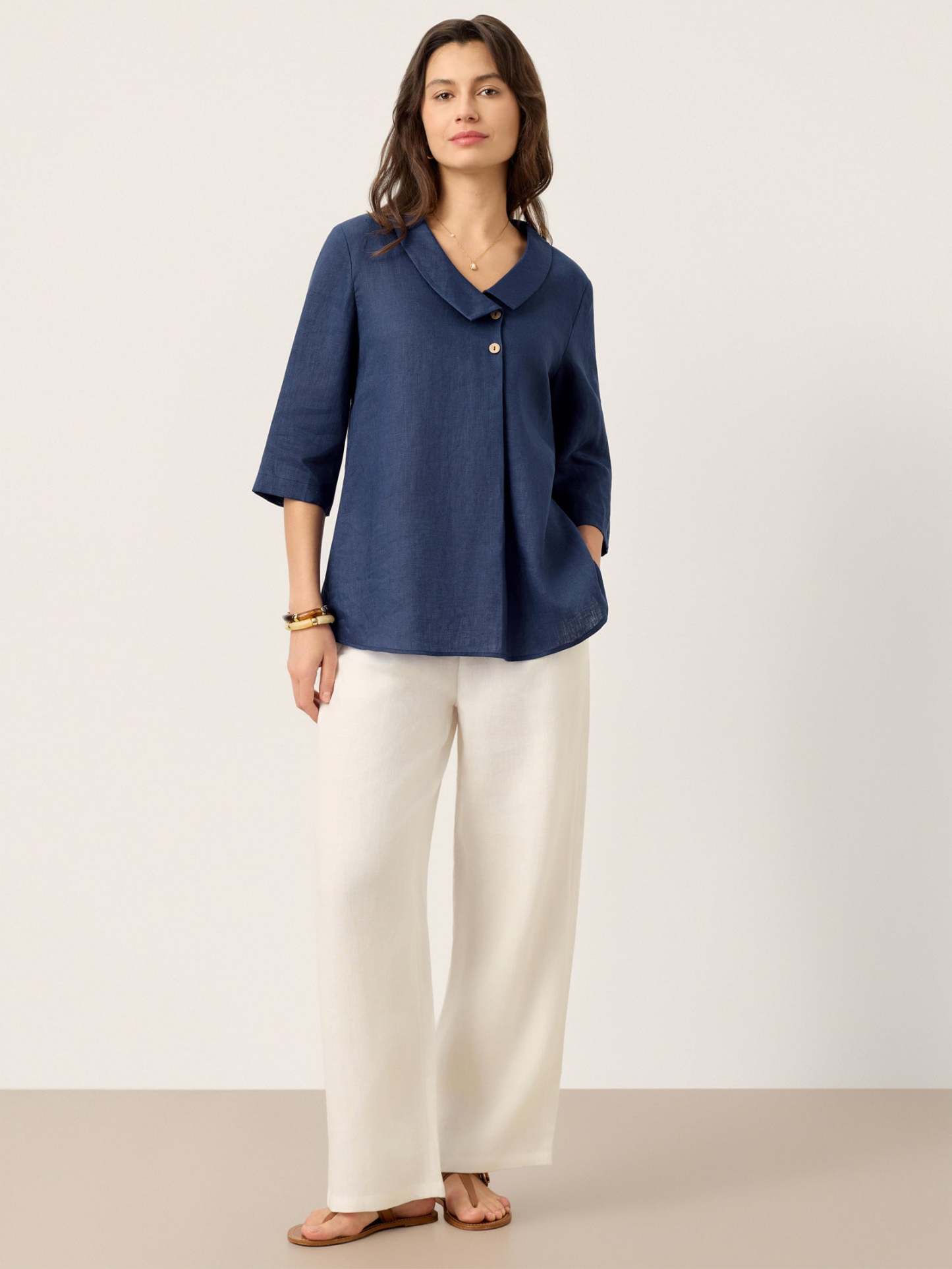 Women's 100% Linen Long-Sleeve Top with Asymmetric Neckline and Inverted Pleat