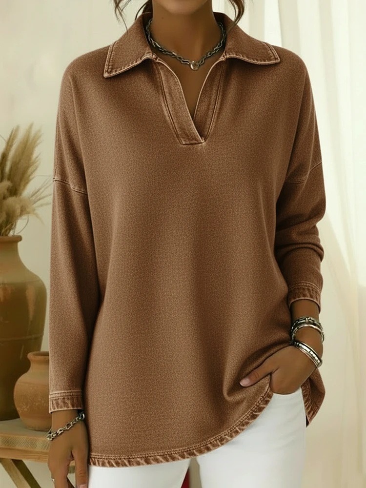 Women's Solid-Color Loose-Fit Long-Sleeve V-Neck Denim Shirt
