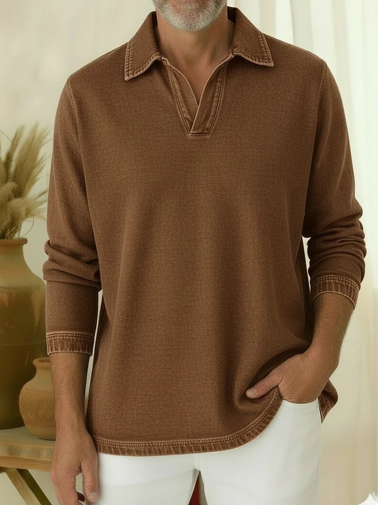 Men's Long-Sleeve Denim Polo Shirt with Notch Collar