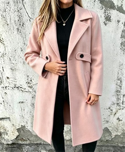 Women Autumn/Winter Classic Casual Minimalist Large Lapel Cinched Waist Button Decoration Pocket Mid-Length Coat Fall Cloth For Women