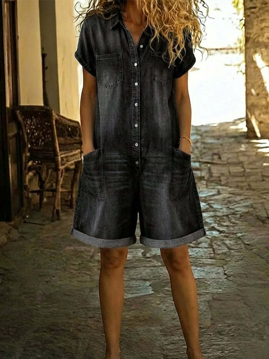 Women's Casual Cotton Denim Jumpsuit Shorts