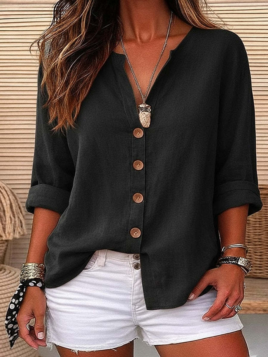 Women's Linen Button V-Neck Blouse Casual 3/4 Sleeve Top for Spring, Summer & Fall