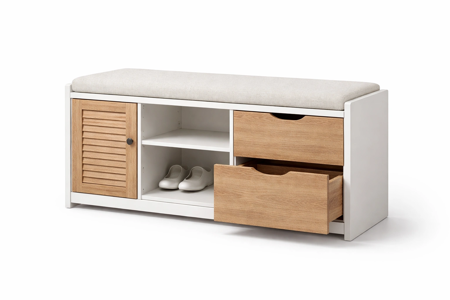Banc rangement chaussures coussin bois et blanc entree-Velravo