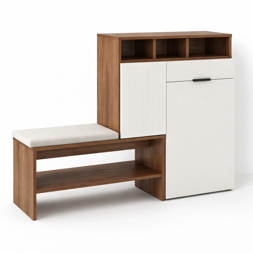 Meuble entree avec banc et rangement bois et blanc moderne-Velravo