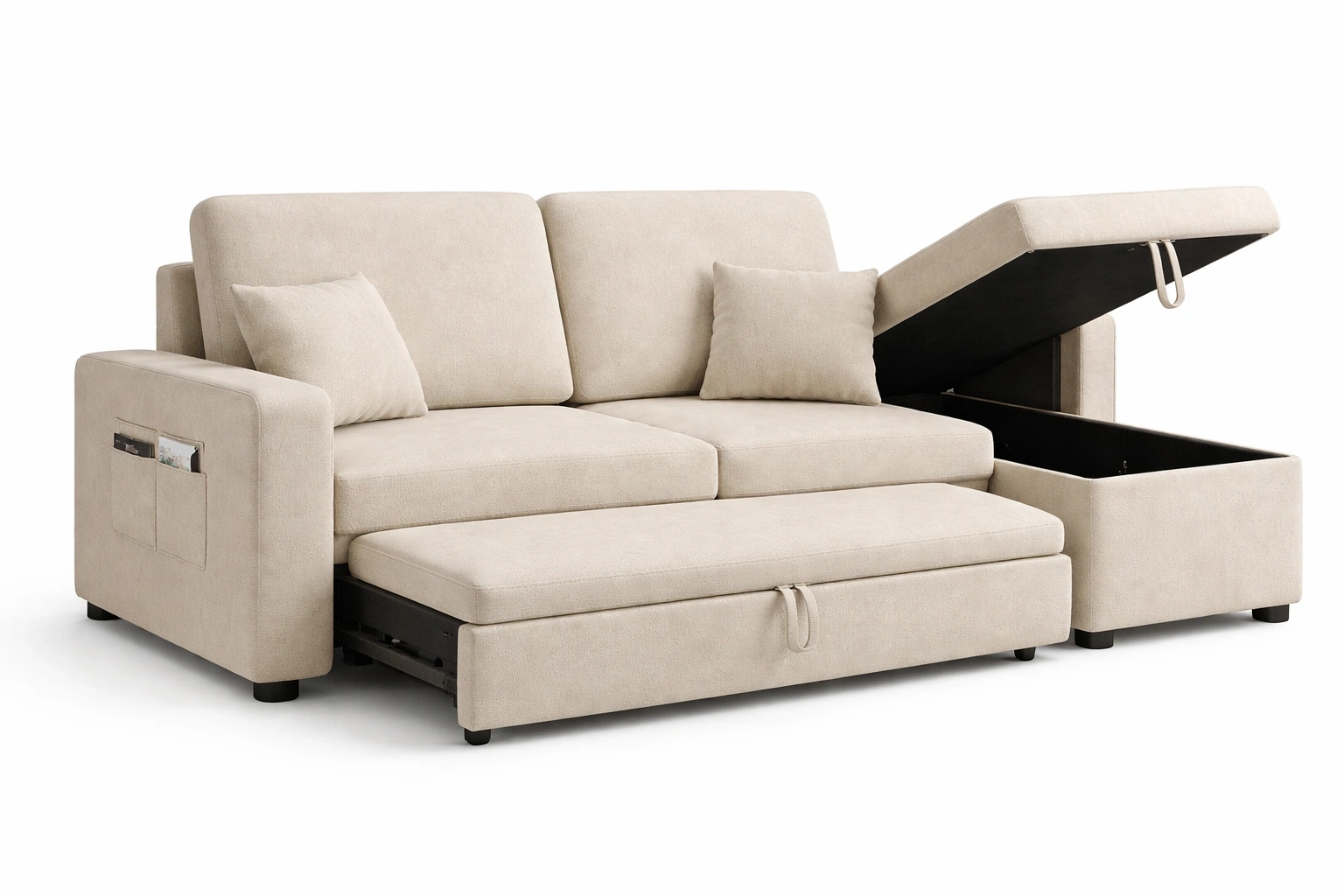 Canape angle beige convertible avec rangement et fonction lit-Velravo