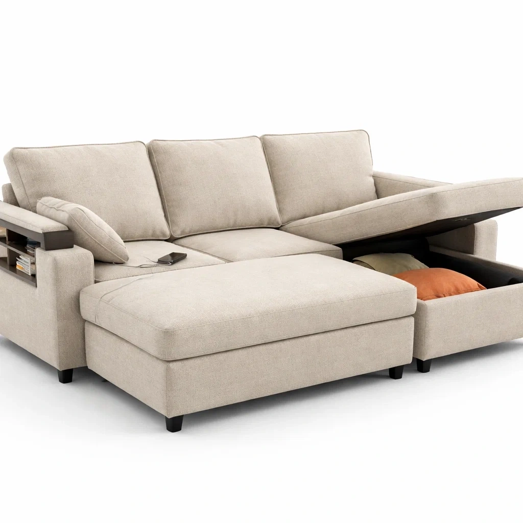 Canape angle beige avec rangement et accoudoir etagere-Velravo