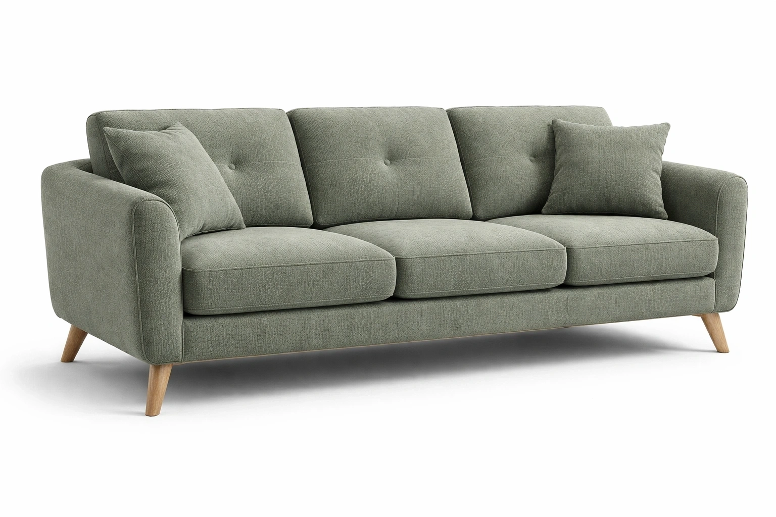 Canape droit vert trois places coussins tissu pieds bois naturel-Velravo