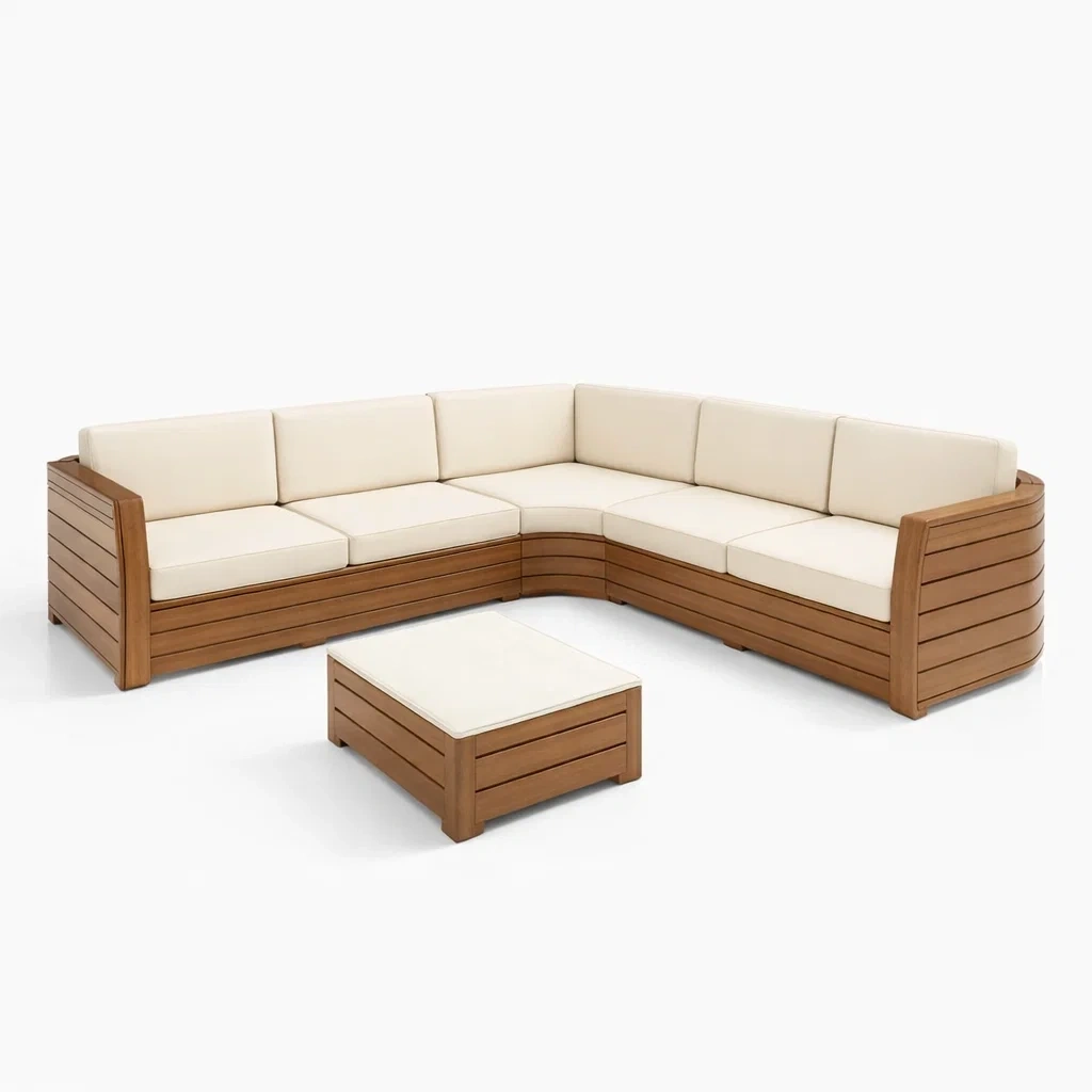 Salon jardin angle bois coussins beige table basse exterieur-Velravo