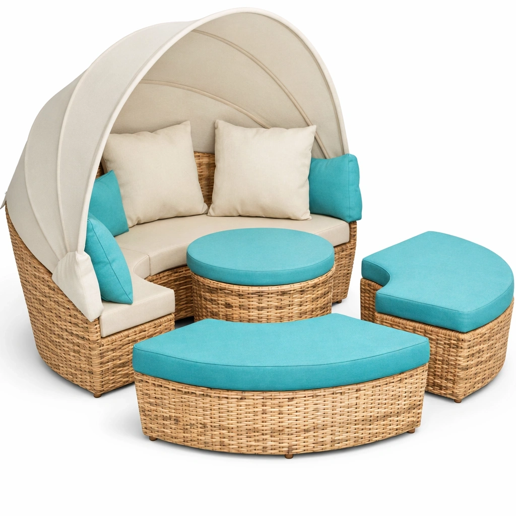 Salon jardin rotin beige avec baldaquin et pouf ensemble exterieur-Velravo
