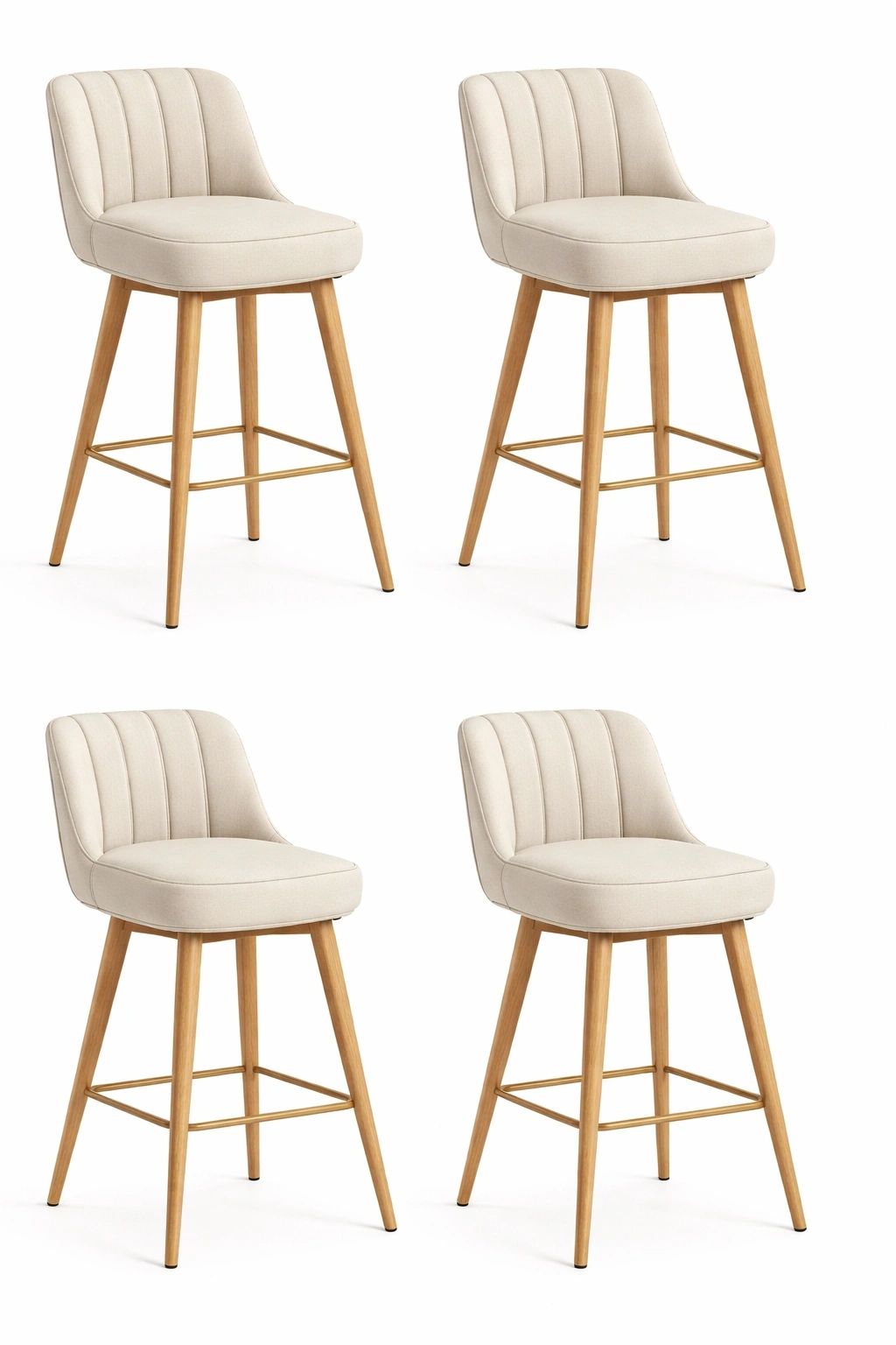 Lot 4 tabourets bar beige tissu pieds bois avec repose pied metal-Velravo