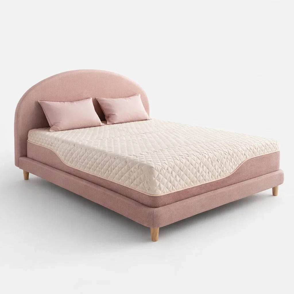 Lit double rose tissu tete arrondie design moderne avec pieds bois-Velravo