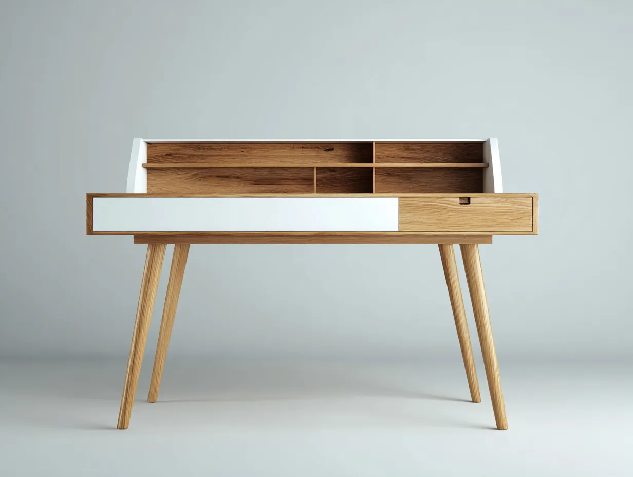 Schreibtisch-Holz-MDF-148x62x98 cm-Weiß-Eiche-Skandinavisches Design mit Aufsatz und Stauraum-Casauplab