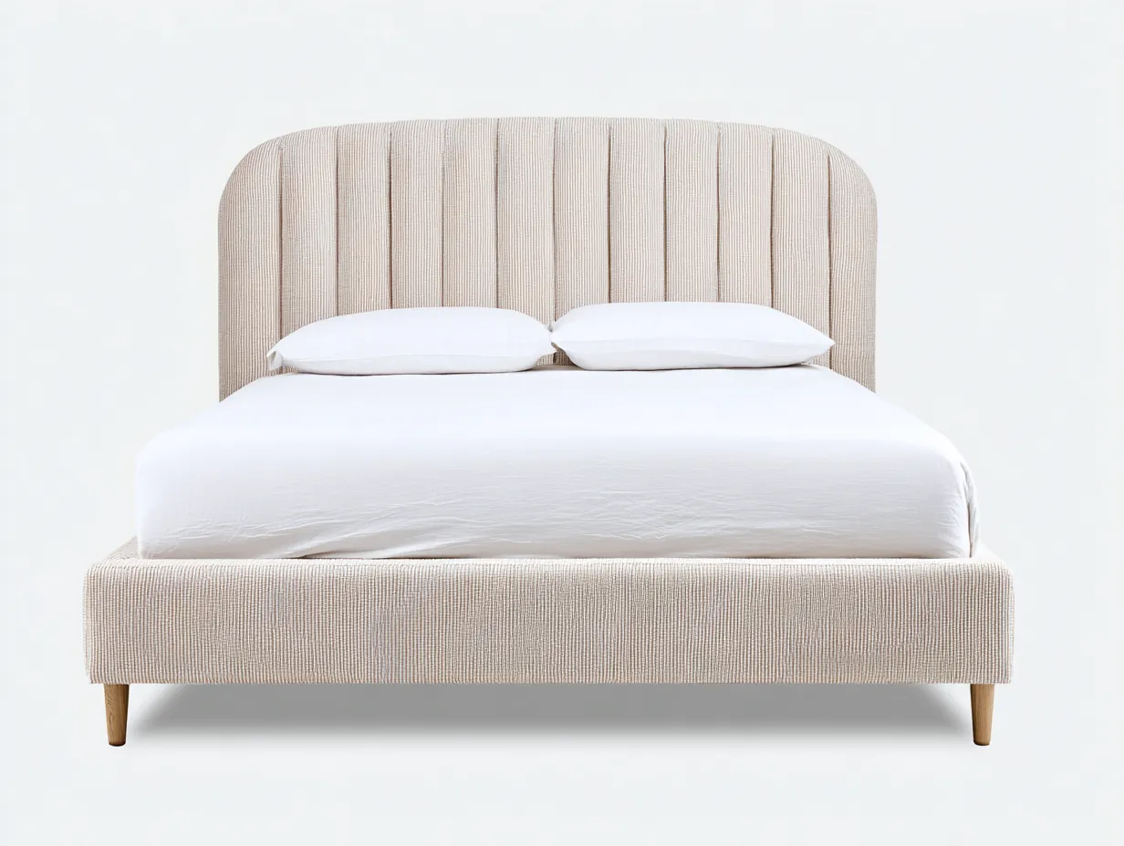 Letto matrimoniale imbottito in tessuto 210x180x138 cm - beige chiaro - design moderno con testiera arrotondata-Nestgoshop