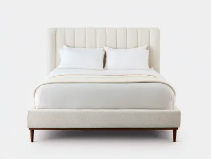Letto matrimoniale imbottito in tessuto 210x180x135 cm - crema lino - design moderno con testiera scanalata-Nestgoshop