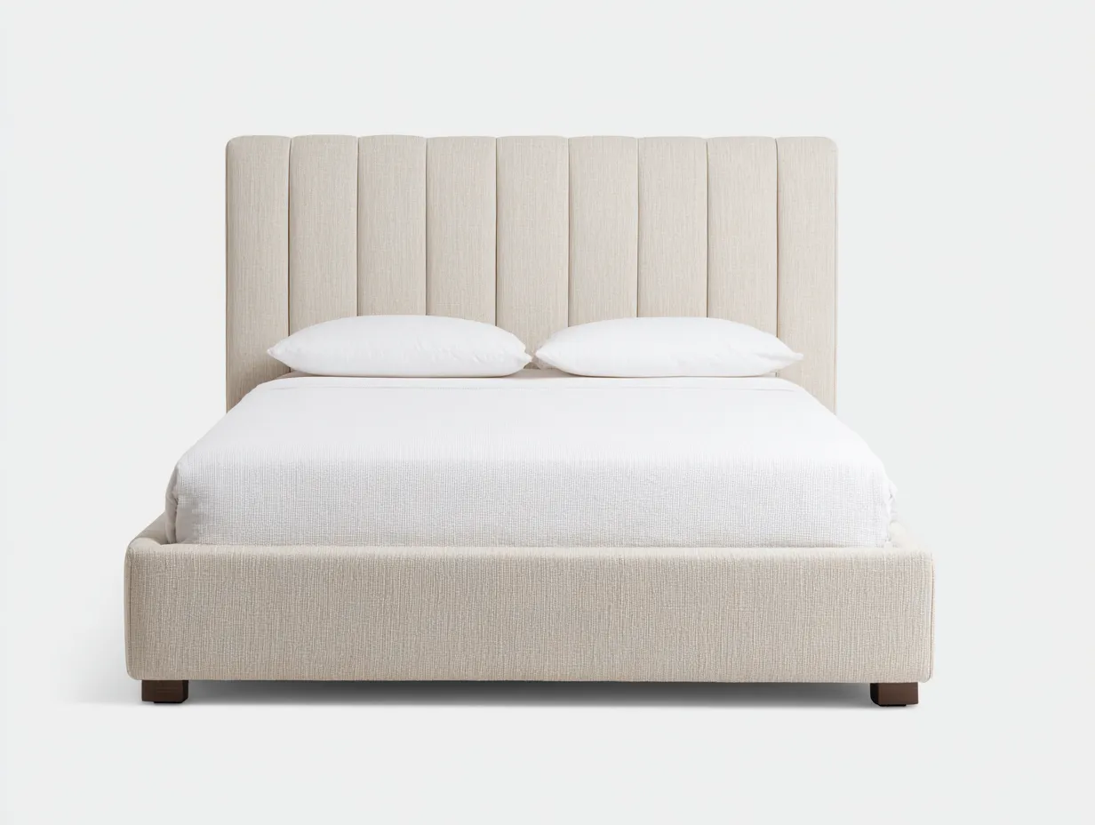 Letto matrimoniale imbottito in tessuto 210x180x140 cm - beige naturale - design moderno con testiera a canali larghi-Nestgoshop