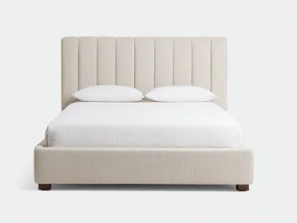 Letto matrimoniale imbottito in tessuto 210x180x140 cm - beige naturale - design moderno con testiera a canali larghi-Nestgoshop