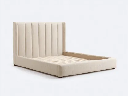 Letto matrimoniale imbottito in tessuto 215x185x145 cm - beige lino naturale - design moderno con testiera alta scanalata-Nestgoshop