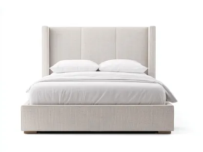 Letto matrimoniale imbottito in tessuto 215x185x150 cm - beige lino chiaro - design moderno con testiera laterale avvolgente-Nestgoshop