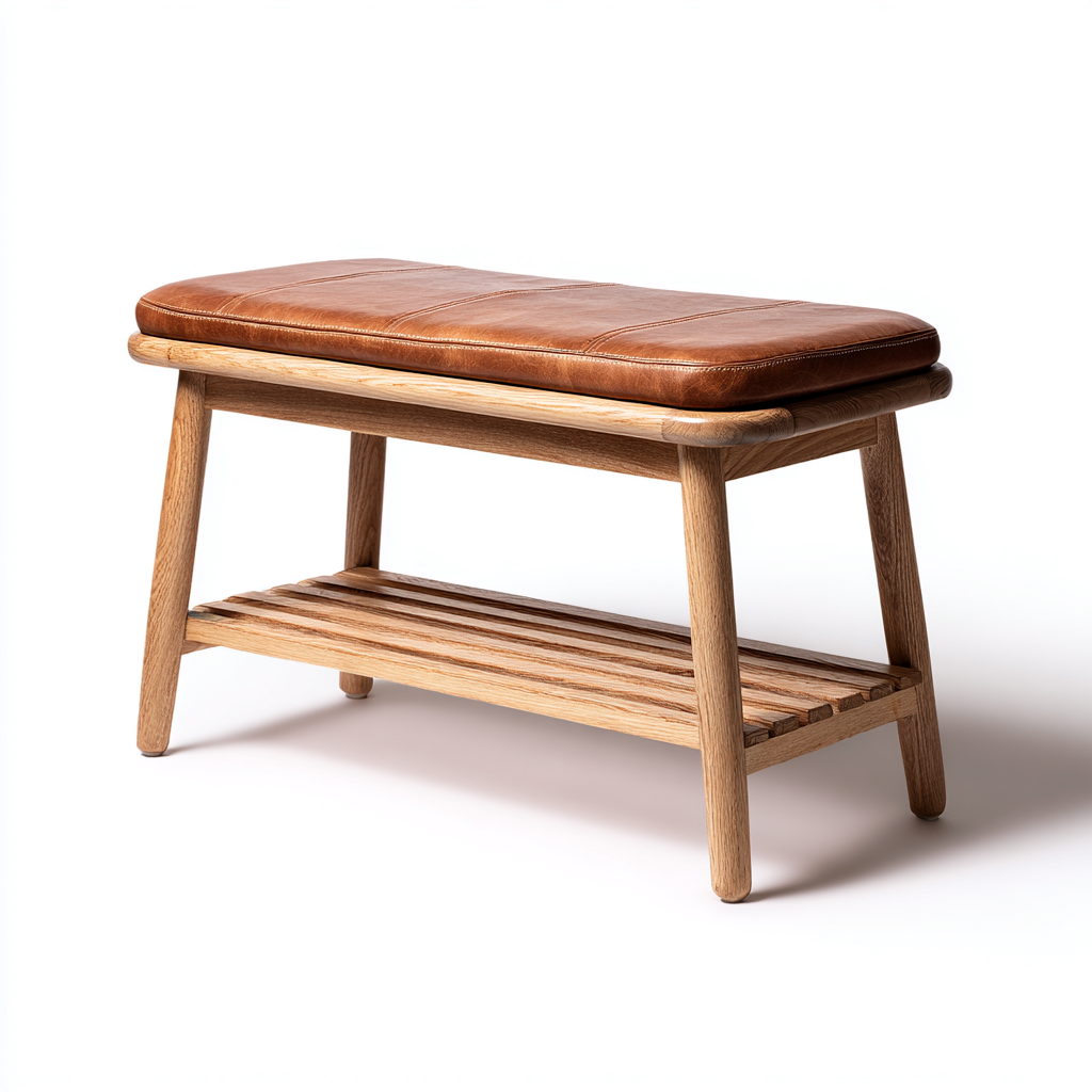 Panca da ingresso in legno massello con seduta in pelle 100x35x45 cm - marrone - naturale - adatta all'ingresso - stile naturale moderno-Denmynest