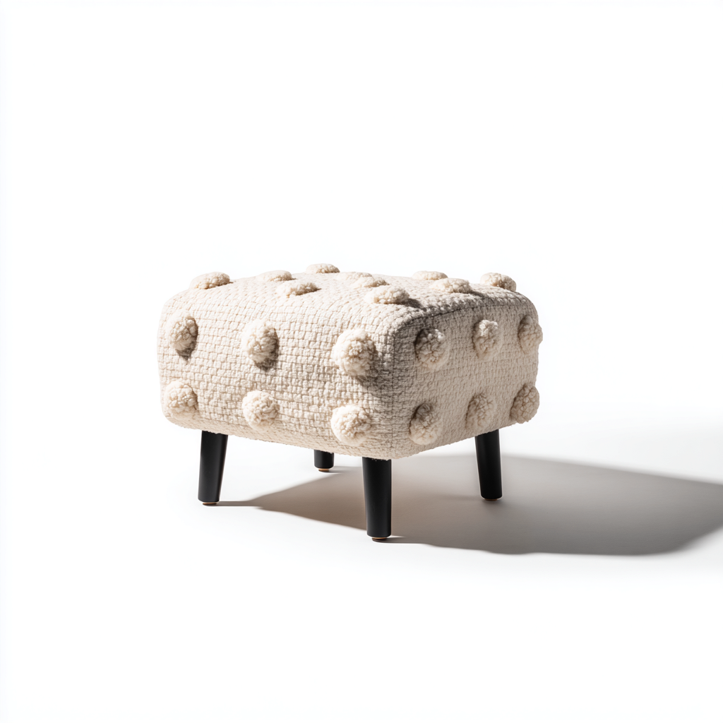 Pouf poggiapiedi imbottito in tessuto bouclé 40x40x30 cm - bianco crema - design decorativo per soggiorno-Denmynest