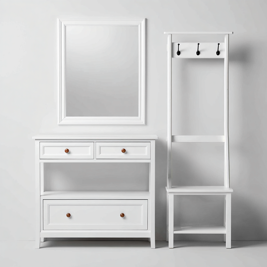 Attaccapanni con mobile e specchio 120x40x190 cm - bianco - per ingresso-Denmynest