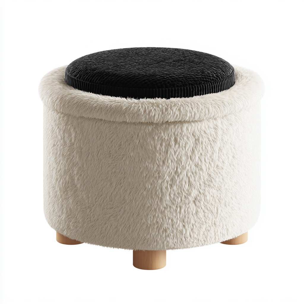 Pouf contenitore rotondo imbottito in tessuto effetto pelliccia 45x45x40 cm - bianco - nero - design moderno per soggiorno-Denmynest