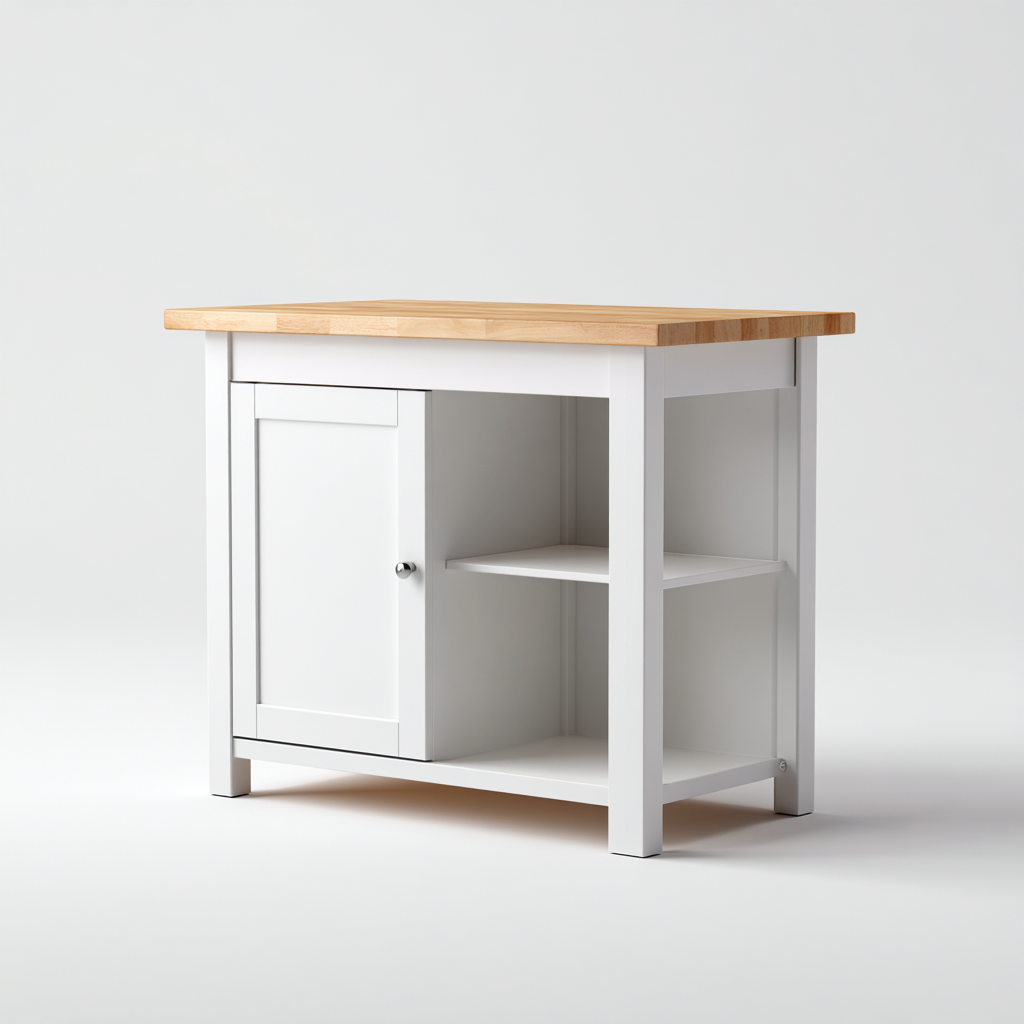 Isola da cucina in legno con piano in legno naturale 100x60x90 cm - bianco - per cucina - con vano con anta e ripiano aperto - design funzionale-Denmynest