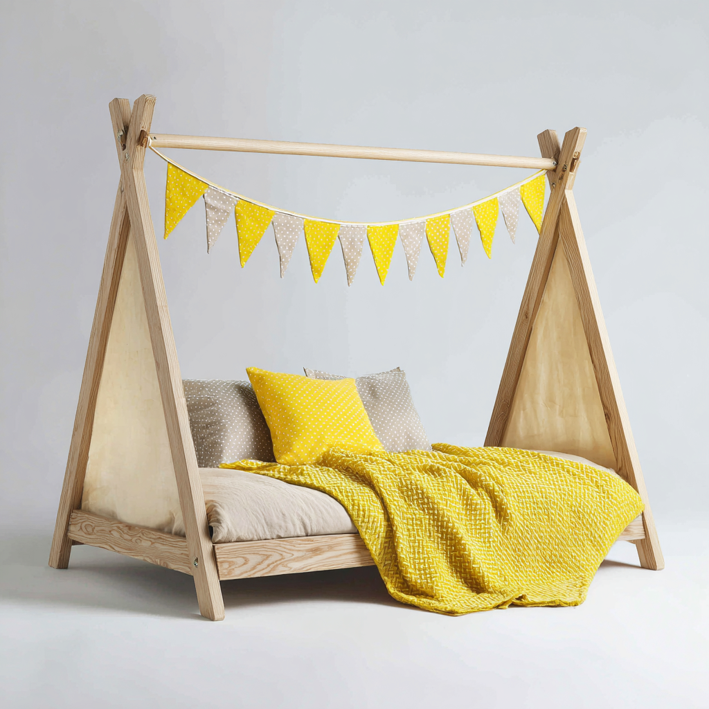 Letto per bambini legno massello 160x80x150 cm - naturale - adatto alla camera da letto - struttura a tenda - design creativo-Denmynest