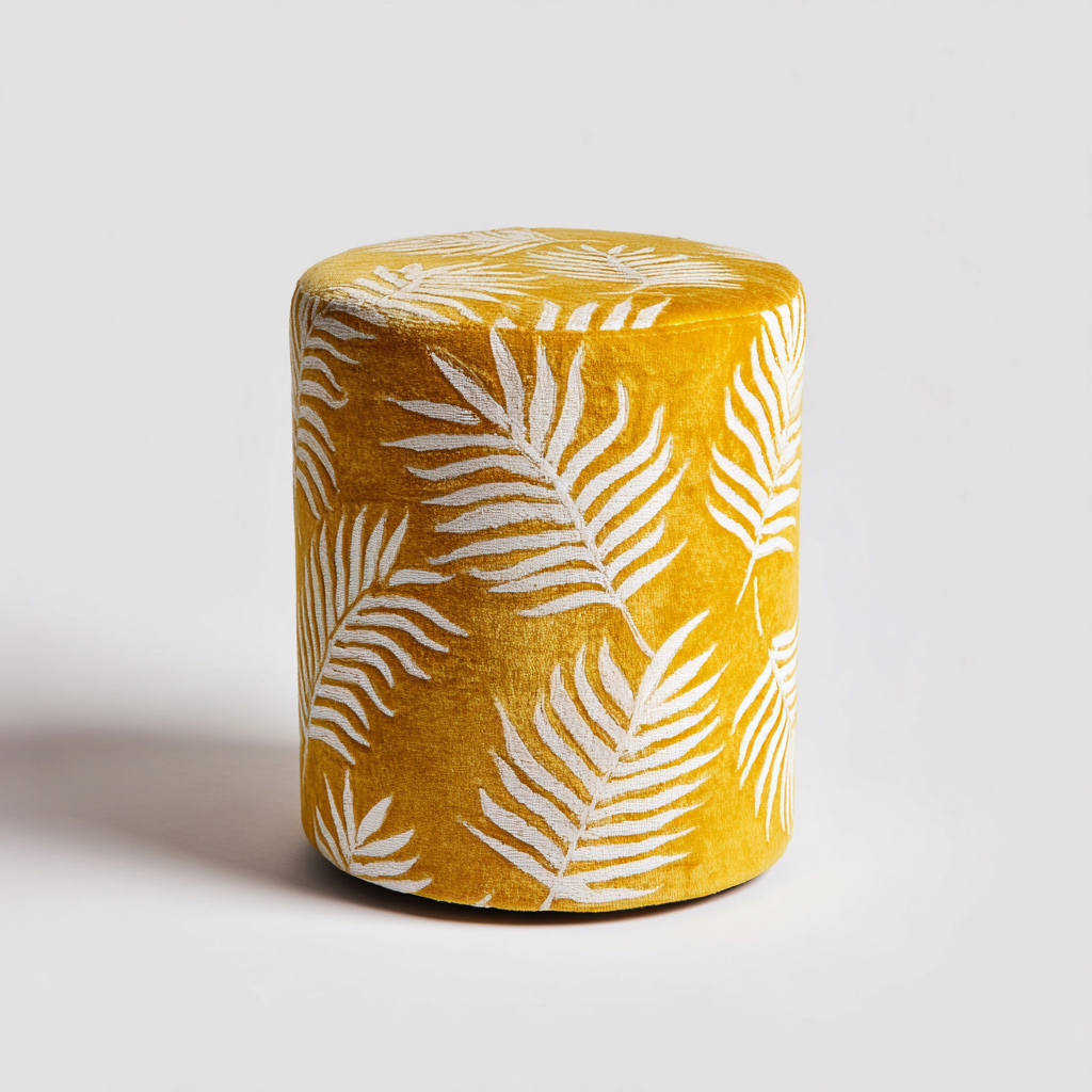 Pouf cilindrico imbottito in velluto decorato 35x35x45 cm - giallo senape - design tropicale per soggiorno-Denmynest