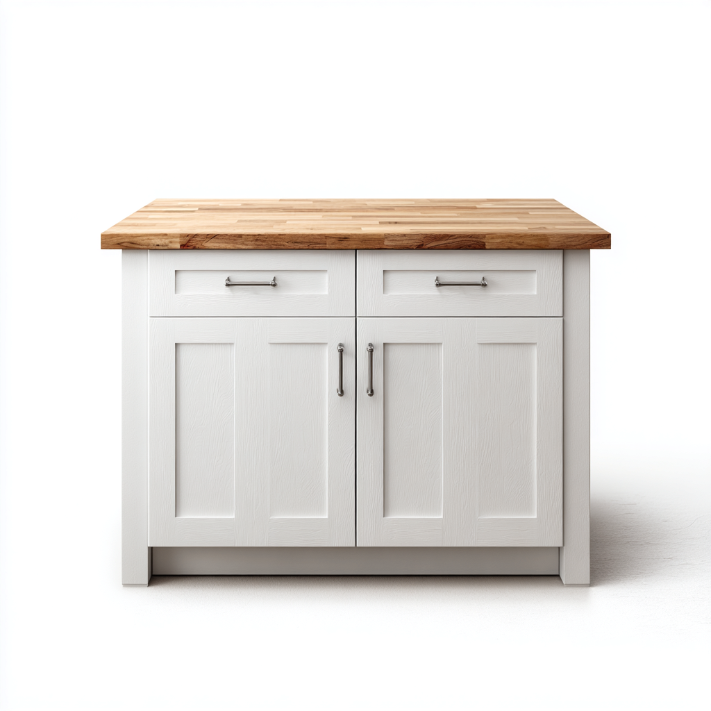 Isola da cucina in legno con piano in legno naturale 120x70x90 cm - bianco - per cucina - con cassetti e vano con ante - design classico funzionale-Denmynest