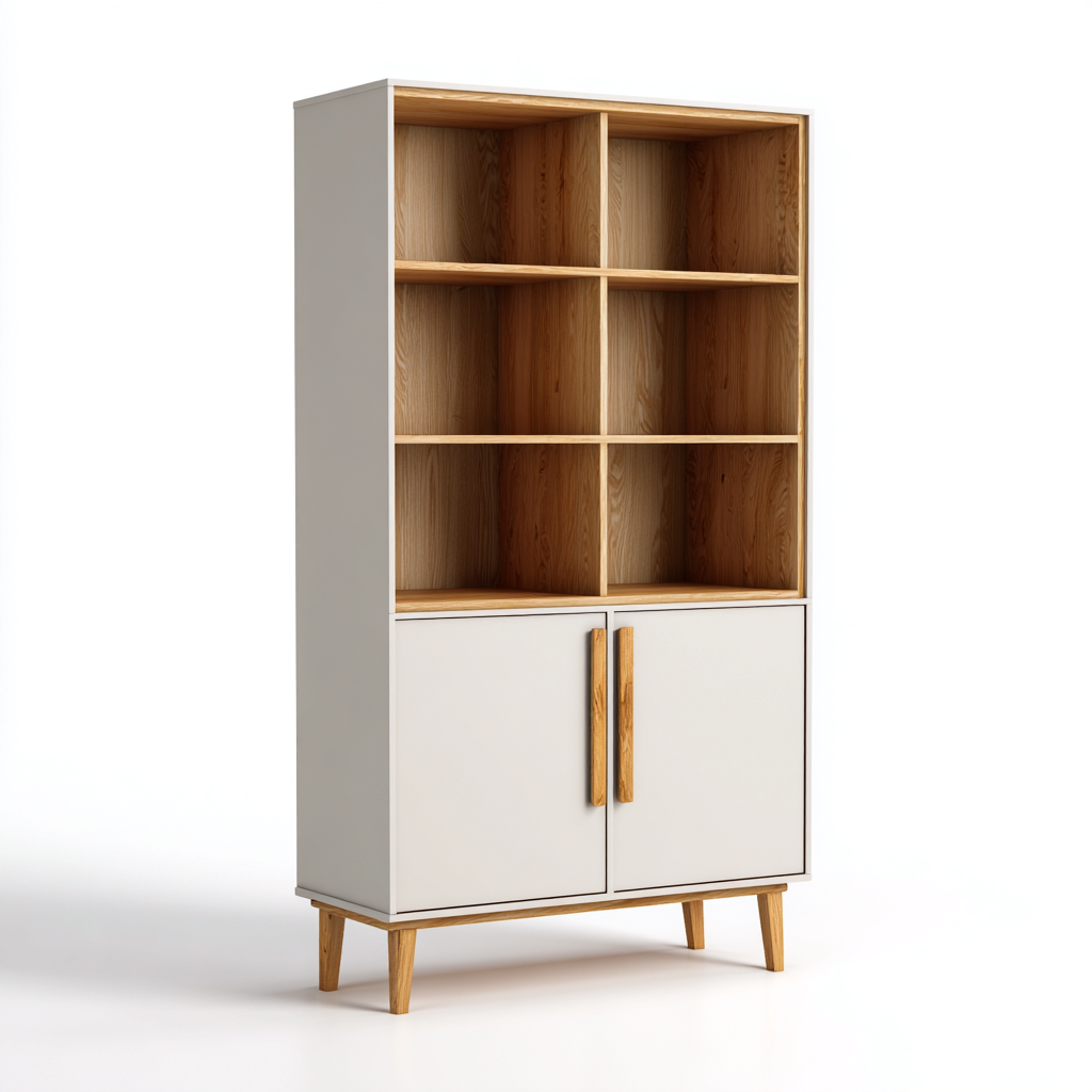 Librerie in legno 80x40x160 cm - bianco - legno naturale - per soggiorno e ufficio - con ante e ripiani aperti - design moderno-Denmynest