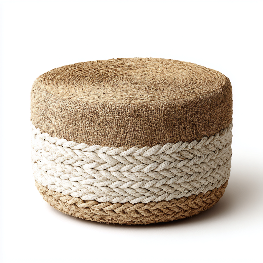 Pouf rotondo imbottito in juta intrecciata 45x45x35 cm - naturale - bianco - design decorativo per soggiorno-Denmynest