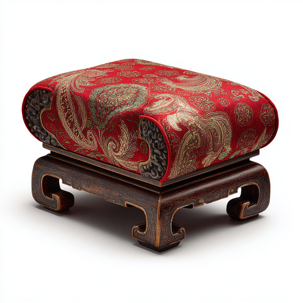 Pouf imbottito in tessuto decorativo con base in legno 45x35x30 cm - rosso e oro - per soggiorno - stile orientale-Denmynest