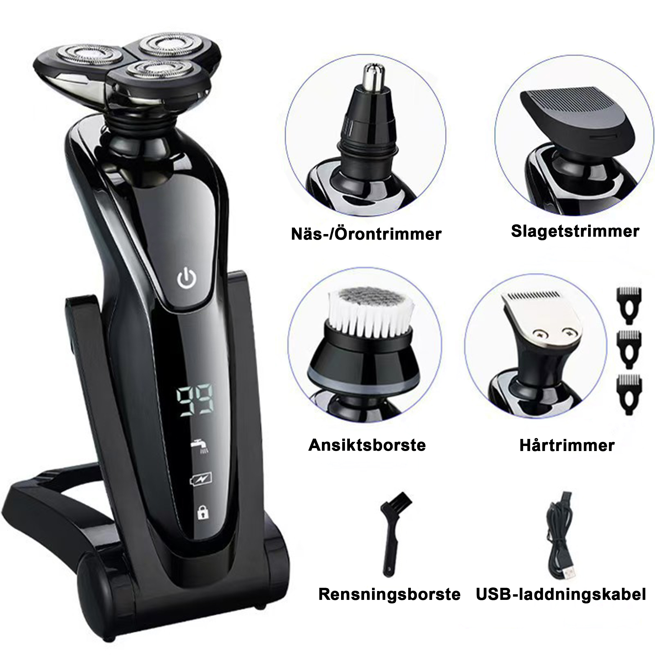 Manzonx MT5 Pro 5-i-1 Herrhyvel & Trimmare | Professionellt vårdsats med ansiktsrenskare, hårtrimmer, näs- & öronhårstrimmer | Vattentät | USB-laddning