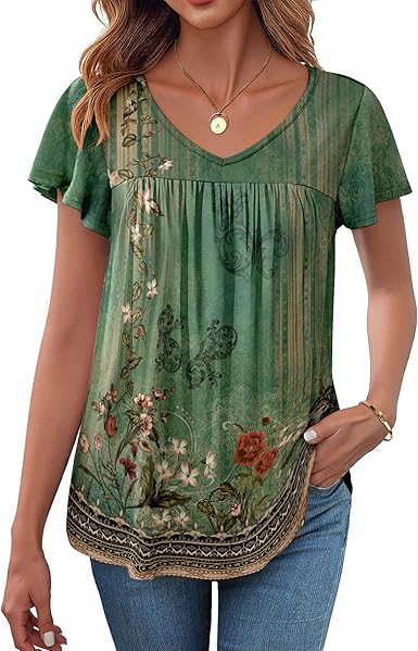 ummer Ruffle Short Sleeve Shirts V Neck T Shirts Pleated Tunic Tops Work Blouses Business Outfits