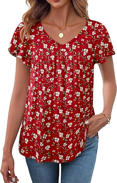  Short Sleeve Shirts V Neck T Shirts Pleated Tunic Tops Work Blouses Business Outfits