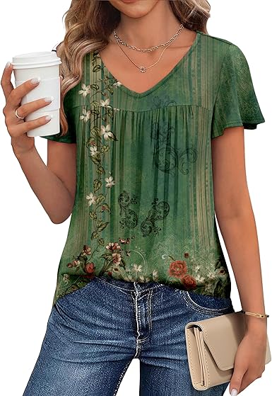 ummer Ruffle Short Sleeve Shirts V Neck T Shirts Pleated Tunic Tops Work Blouses Business Outfits