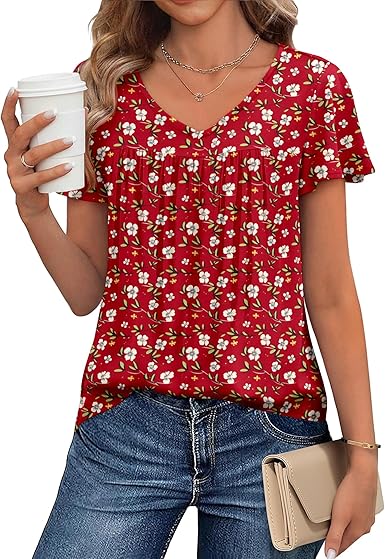  Short Sleeve Shirts V Neck T Shirts Pleated Tunic Tops Work Blouses Business Outfits