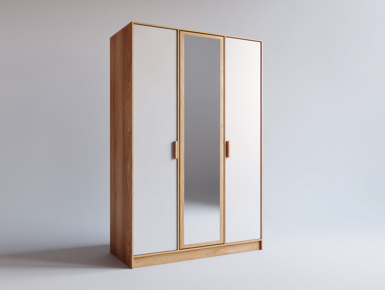 Armarios madera con espejo 180x60x200 cm blanco-madera diseño moderno almacenamiento dormitorio-Roommyhaus