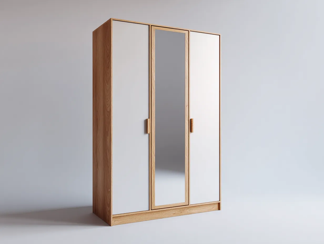 Armarios madera con espejo 180x60x200 cm blanco-madera diseño moderno almacenamiento dormitorio-Roommyhaus