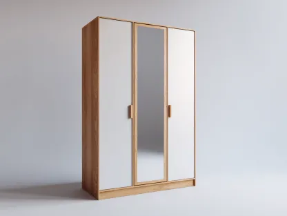 Armarios madera con espejo 180x60x200 cm blanco-madera diseño moderno almacenamiento dormitorio-Roommyhaus
