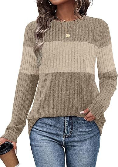 Womens Sweaters Trendy Color Block Tops Long Sleeve Shirts Fall Outfits Early Fall Fashion 2025 Winter Clothing
