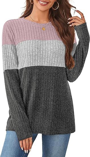 Womens Sweaters Trendy Color Block Tops Long Sleeve Shirts Fall Outfits Early Fall Fashion 2025 Winter Clothing